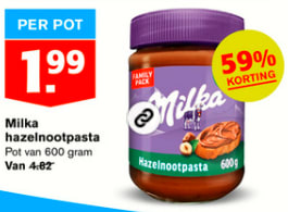 Milka hazelnootpasta Pot van 600 gram voor €1,99 bij Hoogvliet