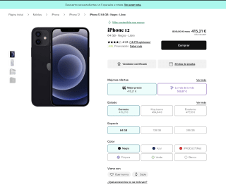 iPhone 12 64 GB Negro Libre por 415,21€