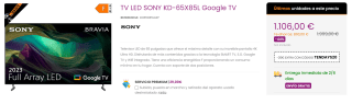 Televisor LED SONY de 65" modelo KD-65X85L Google TV por 1086€