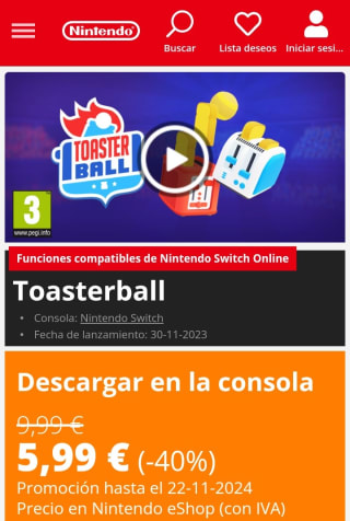 Toasterball Nintendo Switch por 5,99€.