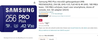 Samsung PRO Plus MicroSDXC 256 GB - Geheugenkaart voor €16,99 bij Amazon