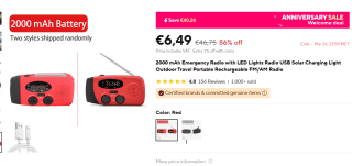 2000 mAh Emergency Radio voor €6,49 bij Aliexpress