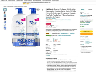 H&S Classic Champú Anticaspa 2x800ml Con Dispensador por 15,99€