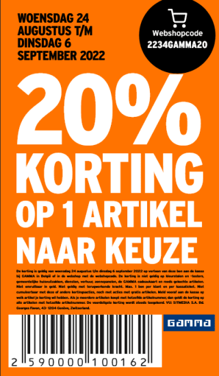 20 % korting op een artikel naar keuze bij Gamma.be