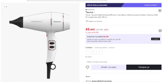 Secador Digital Shining 2200 Ionic. Color Blanco. marca Taurus por 45,04€ (cuenta nueva por 33,04€)