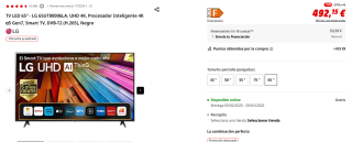 TV LED 65" LG 65UT80006LA, UHD 4K, Procesador Inteligente 4K α5 Gen7 por 492,15€