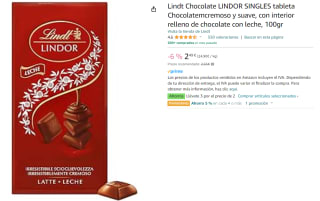 Pack 3 Lindt Chocolate LINDOR SINGLES tableta Chocolatemcremoso y suave, con interior relleno de chocolate con leche, 100gr por 4.98€