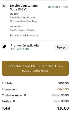 6 Subs 15cm Vegetarianos de Subway por $14 en Uber One