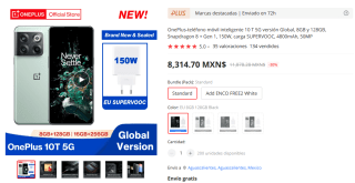 Celular OnePlus 10T 8/128GB por $8,314.70 en AliExpress