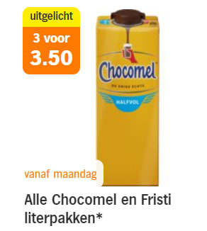 Alle Chocomel en Fristi literpakken 3 voor €3,50 bij de AH