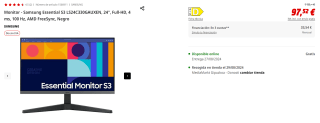 Monitor - Samsung Essential S3 LS24C330GAUXEN, 24", Full-HD, 4 ms, 100 Hz, AMD FreeSync por 97.52€