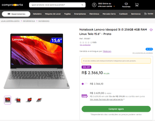 Notebook da Lenovo, modelo IdeaPad 3i i3-10110U - R$ 2.366,10