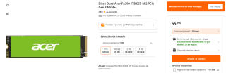 Disco Duro Acer FA200 1TB SSD M.2 PCIe Gen 4 NVMe por 65,99€
