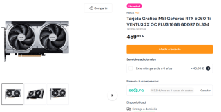 Tarjeta Gráfica MSI GeForce RTX 5060 Ti VENTUS 2X OC PLUS 16GB GDDR7 DLSS4 por 459,95€