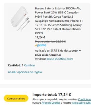 Baseus Batería Externa 20000mAh por 17,42€