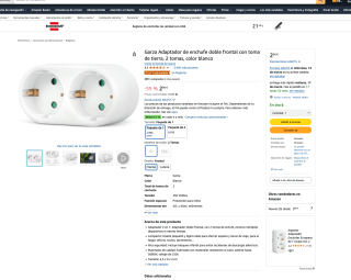 Garza Adaptador de enchufe doble frontal con toma de tierra 2 tomas color blanco por solo 2,90€