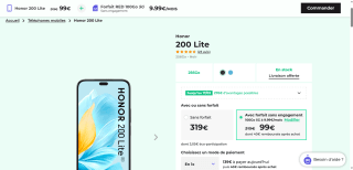 Smartphone 6,7" HONOR 200 Lite 5G - 8 Go + 256 Go à 99€