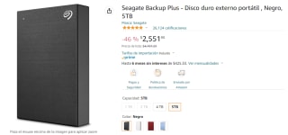Disco Externo Portátil Seagate 5TB a $2,552 en Amazon
