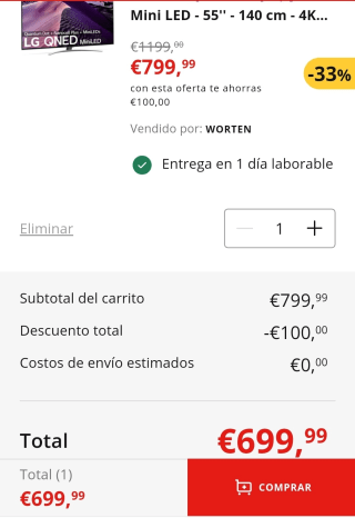 TV LG 55QNED866QA (QNED Mini LED - 55'' - 140 cm - 4K Ultra HD por 699,99€