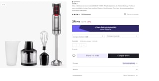 Solac - Batidora de mano 1000W | Picadora eléctrica en INOX | 4 Velocidades + Turbo por 22.49€