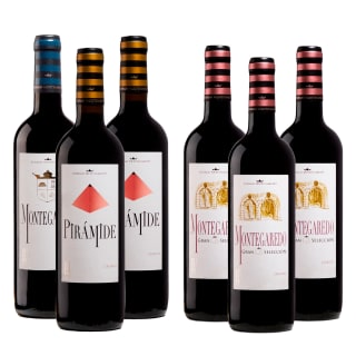 1 botella de Montegaredo Gran Selección 2021. + 1 botella de Montegaredo Gran Selección 2020. + 1 botella de Montegaredo Gran Selección 2017. + 1 botella de Montegaredo Crianza 2018. + 1 botella de Pirámide Crianza 2017. + 1 botella de Pirámide Crianza 2018. por 50€