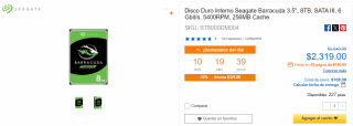 Disco Interno Seagate Barracuda 3.5'' 8TB por $2,319 en CyberPuerta