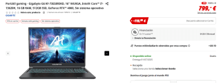 Portátil gaming Gigabyte G6 KF-73ES893KD, 16" WUXGA, Intel Core i7-13620H, 16 GB RAM, 512GB SSD, GeForce RTX 4060 por 679,15€