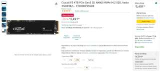 SSD Crucial P3 4TB PCIe Gen3 3D NAND por $3,492 en Amazon