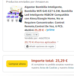Pack 6 bombillas inteligentes G45 E27 6.5W por 25,29€
