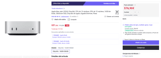 Apple Mac mini (2024) Chip M4, CPU de 10 núcleos, GPU de 10 núcleos, 16GB de RAM, 256GB de SSD por 576,90€