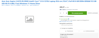 Acer Aspire 3 A315-59-35ND laptop voor €209,27 bij Max ICT