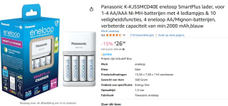 Panasonic Eneloop Oplaadbare AA Batterijen + Smart Plus Charger (4 stuks, 2000 mAh)voor €26,98 bij Amazon