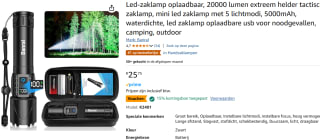 Oplaadbare waterdichte Ledzaklamp 20000 lumen voor €18,61 bij Amazon