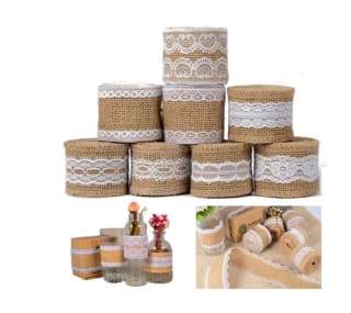 8 Rollos de Cinta de Arpillera Natural con Encaje Blanco para Manualidades y Decoraciones de Boda por 0,99€