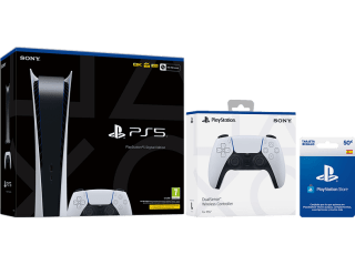 Consola Sony PS5 Digital Edition C, 825 GB, 4K HDR, Blanco + 1 Mando DualSense Extra + Tarjeta 50€ PS Store por 559€
