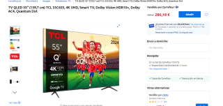 TV QLED 55" TCL 55C655, 4K UHD, Smart TV, Dolby Vision HDR10+ por 286,18€