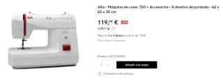 Máquina de coser Alfa 720 + Accesorios y 9 diseños de puntada por 119.99€