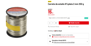 Carrete de estaño 8% plata 2 mm 250 g por 15€