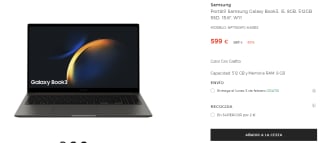 Portátil Samsung Galaxy Book3, i5-1335U, 8GB, 512GB SSD, 15,6", W11 por 599€