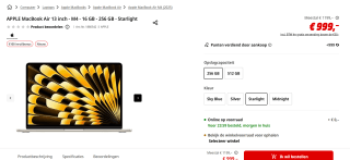 APPLE MacBook Air 13 inch - M4 - 16 GB - 256 GB voor €999 bij de Mediamarkt