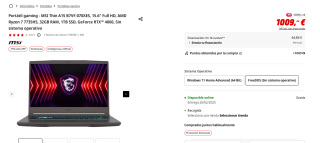 Portátil gaming MSI Thin A15 B7VF-070XES, 15.6" Full HD, AMD Ryzen 7 7735HS, 32GB RAM, 1TB SSD, GeForce RTX 4060 por 857,65€