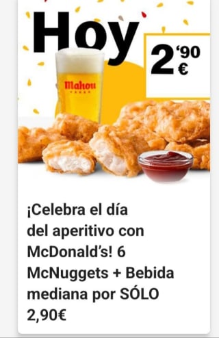 6 mcnuggets+bebida mediana por sólo 2,90