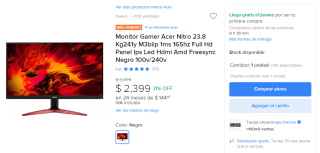 Monitor Acer Nitro 23.8" por $1,891 con cupón Mercado Libre
