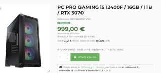 PC Pro Gaming con i5 12400F, 16GB, 1TB, RTX 3070 por 999€