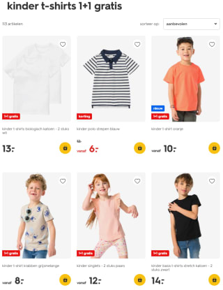 1+1 gratis op kinder en baby t-shirts bij Hema