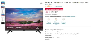 Sharp HD Smart LED TV 32" por $2,399 en Amazon