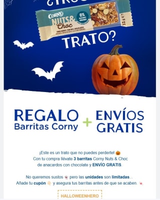 Regalo de barritas Corny y envíos gratis por compras de +10€