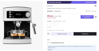 Cecotec Cafetera Express Manual Power Espresso 20. 850 W, Presión 20 Bares, Depósito de 1,6L, Brazo Doble Salida, Vaporizador, Superficie Calientatazas, Acabados en Acero Inoxidable por 45.22€ (Cuenta Nueva 33.22€)
