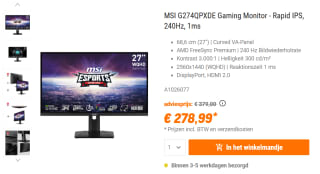 MSI G274QPX 27" gaming monitor voor €278,99 bij NBB