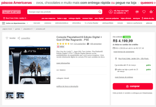 Console da Sony, modelo Playstation 5 digital + Jogo: God Of War Ragnarök - R$ 4.199,99